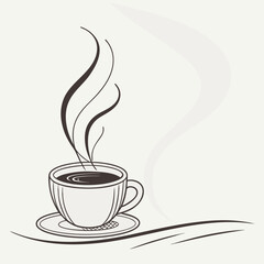 Vector art of a steaming cup of coffee on a saucer, with delicate swirls of steam rising gracefully, , creating a warm and inviting atmosphere for coffee lovers and enthusiasts alike