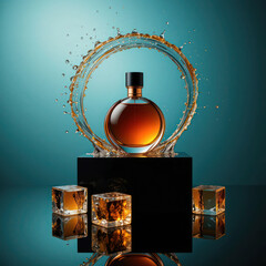 Luxurious amber perfume bottle with copper cap, dramatic water splash, golden reflections, ice accents, teal backdrop