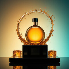 Luxurious amber perfume bottle with copper cap, dramatic water splash, golden reflections, ice accents, teal backdrop
