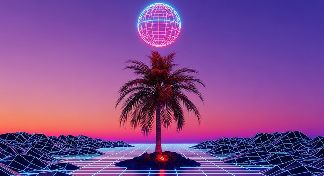 Neon Palm Tree with Retro Grid and Futuristic Globe