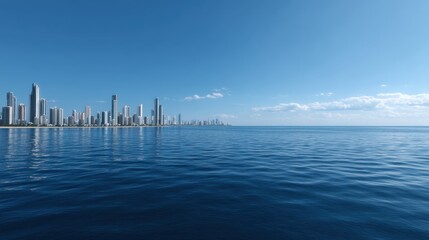 Obraz premium Coastal City Skyline Panorama with Clear Blue Sky Over Calm Water and Cityscape Reflection