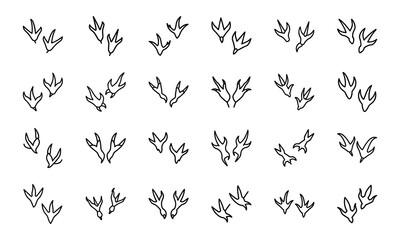Bird Icons Collection – Flying Birds, Bird Footprints, Feather, Love Birds, Bird Cage, Nest with Eggs, Flock of Birds, and Parrot Outline Line Art on White Background