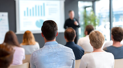 Rear view of group of business people listening to presentation in conference hall. Corporate training, seminar or meeting concept.