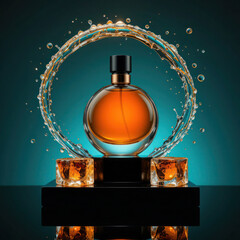 Luxurious amber perfume bottle with copper cap, dramatic water splash, golden reflections, ice accents, teal backdrop