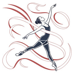 Vector art of elegant ballerina in graceful pose with flowing ribbons, , showcasing the beauty and artistry of ballet, with a focus on movement, balance, and expression
