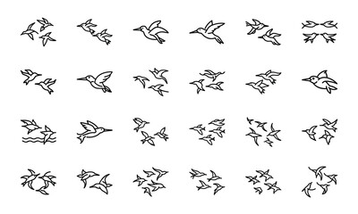 Bird Icons Collection – Flying Birds, Bird Footprints, Feather, Love Birds, Bird Cage, Nest with Eggs, Flock of Birds, and Parrot Outline Line Art on White Background