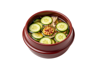 A bowl of vibrant cucumber soup, featuring sliced cucumbers, a light broth, and colorful seasoning, presented in a traditional dark red bowl against a striking black backdrop.