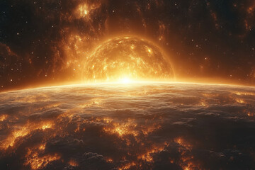 Obraz premium Bright orange planet glowing in center.