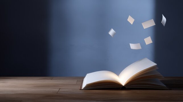 Glowing Open Book with Floating Pages and Soft Shadows on Wooden Surface - Powered by Adobe