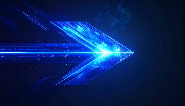 Glowing abstract design of a stylized blue arrow moving forward on a dark background. Sparkles and light effects enhance the futuristic look