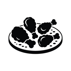 Stylized black and white icon of fried chicken on a plate