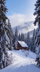 Snowy cabin nestled in a mountain valley