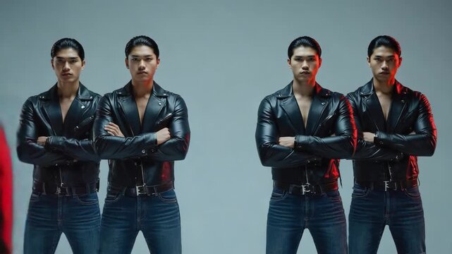 Group of men standing in black leather jackets and jeans, creating a concept of unity, strength, and identity with a striking and confident presence against a grey background