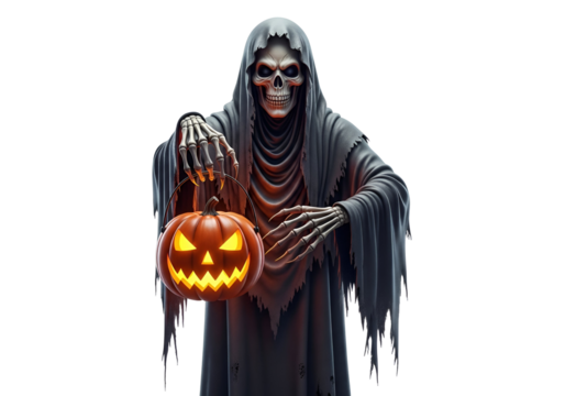 A skeletal figure in a dark robe holds a glowing jack-o'-lantern against a black background.