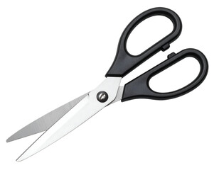 A pair of stainless steel scissors with black plastic handles, ideal for crafting and everyday use in various tasks.