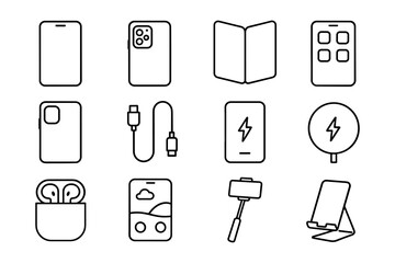 Minimalist line icons of smartphones and accessories for modern device design