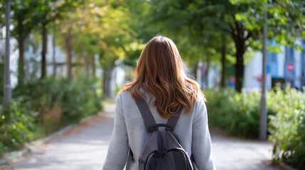 Back view of young woman with backpack walking down the street. Urban lifestyle and travel concept.