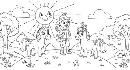 Obraz premium Cute child and ponies adventure in nature with smiling sun and birds in this beautiful illustration