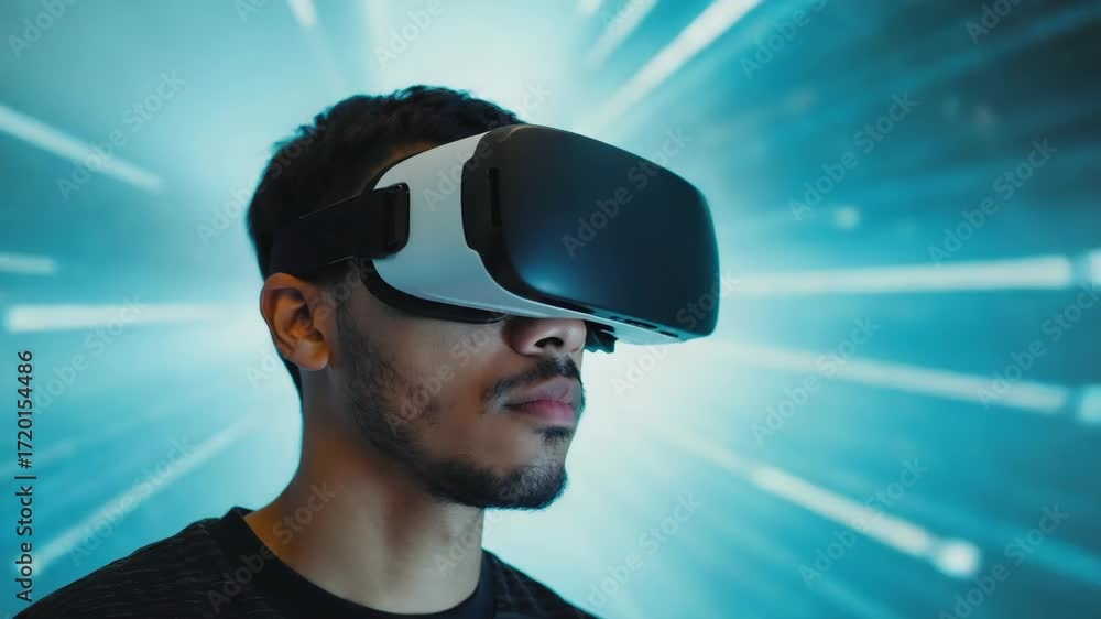 Poster man wearing a modern virtual reality headset, immersing himself in a futuristic digital world with d