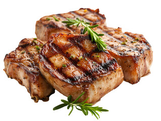 Three grilled pork chops with rosemary isolated on transparent background