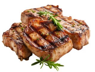 Three grilled pork chops with rosemary isolated on transparent background