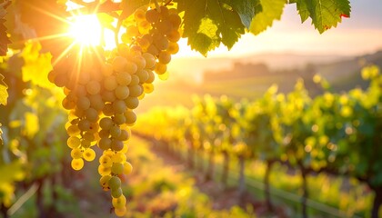 Golden hour illuminates a vineyard with ripe grapes, leaves, and rows, creating a warm, inviting agricultural scene