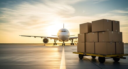 Aircraft and Cargo Boxes on Airport Tarmac at Sunset for Global Logistics Solutions