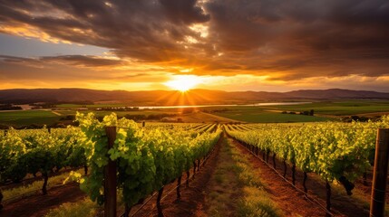 Fototapeta premium Golden sunset over rolling vineyards and distant mountains hills