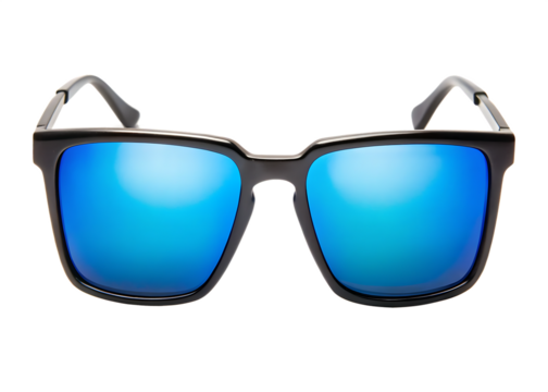 Framed rectangular sunglasses with blue mirrored lenses eyewear accessory isolated on a transparent background - Powered by Adobe