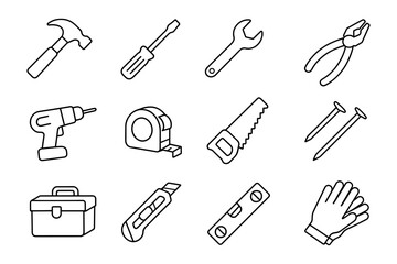 Obraz premium Hand tools set with simple line art icons: hammer, screwdriver, wrench, and more