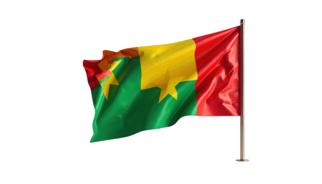 A vibrant depiction of the waving flag of the Republic of the Gambia, displaying its symbolic colors and design against a pure black backdrop.