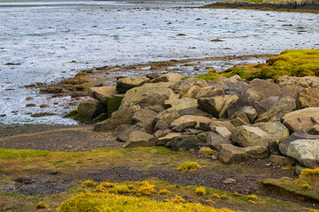 Rocky Icelandic coastline with stones and tidal flat landscape