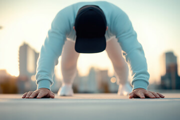 Determined athlete in sportswear stretches hands on the ground in an urban setting at sunrise, symbolizing strength, focus, preparation, and dedication to fitness goals