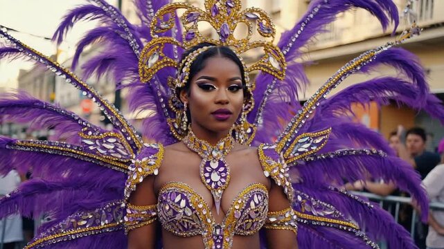 Woman performing in an elaborate purple and gold feathered carnival costume during a lively street parade, embodying celebration and cultural festival traditions