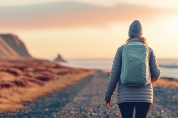 Person with backpack walks along a rugged coastal path at sunset, symbolizing freedom, exploration, and solitude while surrounded by dramatic natural landscapes
