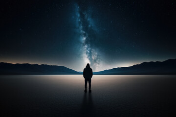 Lone person stands in silence beneath the glowing milky way, surrounded by mountains and darkness, symbolizing solitude, wonder, and the infinite mystery of the universe