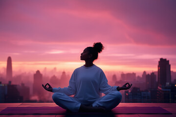 Woman meditating in lotus pose on rooftop at sunset with glowing purple and pink sky over city skyline, symbolizing peace, mindfulness, balance, and urban serenity
