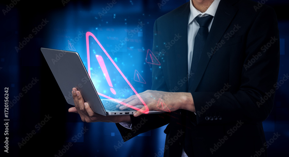 Poster cybersecurity alert warning showing red cyber for data breach, network threat, and cyber security sy