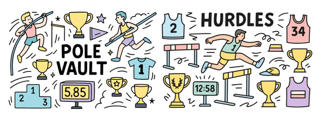 Pole vault and hurdles sport. Sports and adventure іcon set