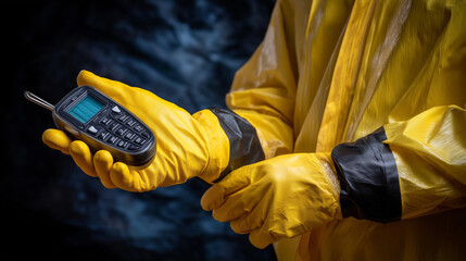 Fototapeta premium Detail shot of a yellow hazard suit glove holding a radiation dosimeter.