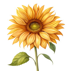 Naklejka premium A single vibrant sunflower with golden petals and green leaves on a transparent background isolated on a transparent background