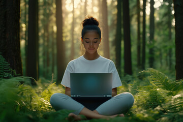 Young asian woman sits cross legged on green ferns in a serene forest, working on a laptop as sunlight filters through tall trees, symbolizing balance of nature and technology
