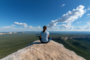 Woman sits peacefully on a high cliff edge, gazing toward the distant horizon and endless green valley beneath a bright sky filled with scattered white clouds