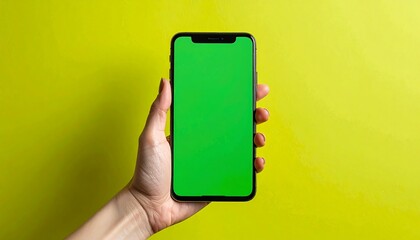 Hand holding a modern smartphone with a green screen against a vibrant yellow background. Perfect for showcasing app interfaces or custom content