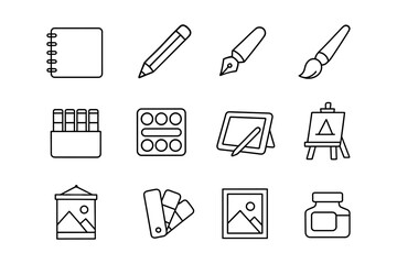 Minimalist art tools icons set: sketchpad, paintbrush, easel, palette, pen, pencil