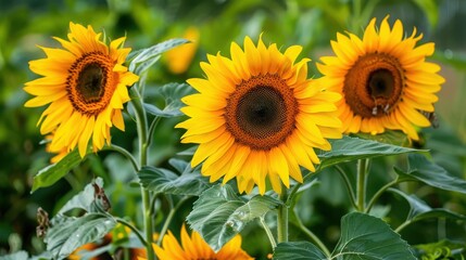Obraz premium A view of several sunflowers in full bloom with vibrant yellow petals and green foliage in the background