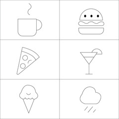 Food and drink icons set with coffee cup pizza cake and restaurant symbols in flat vector design