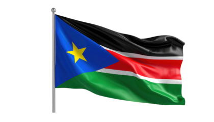 A detailed rendering of the South Sudanese flag, flowing majestically against a black background.