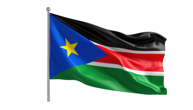 A detailed rendering of the South Sudanese flag, flowing majestically against a black background.