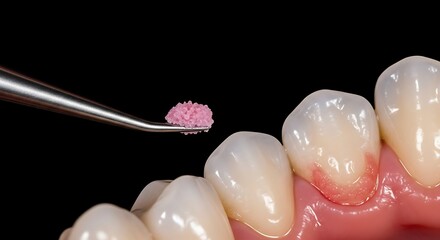 Dental Procedure Close Up with Pink Grafting Material and Surgical Instrument Showing Gum Treatment and Ceramic Teeth Restoration for Dental Health